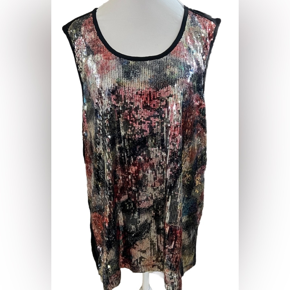 CJ BANKS Black Jersey Tank Top + Sparkly Sequins Women’s Size 16/18 Long XL